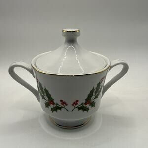 Aristocrat Sugar Bowl & Lid Holly & Berries, Gold Trim 4” *